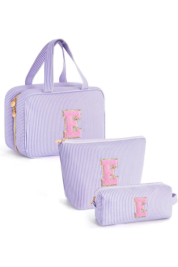 Personalized Initial Lavender Travel Cosmetic Bag with Zipper, Expandable Design, and Coordinating Pouch
