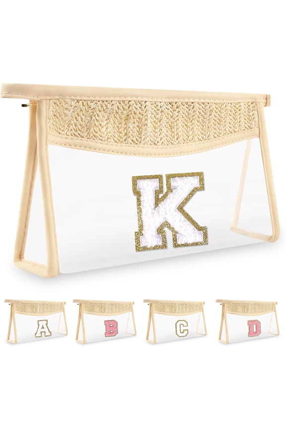Personalized Initial Letter Bag Boho Straw Clear Makeup Bag,Small Cute Chenille Varsity Letter Pouch With Zipper,Beach Travel Toiletry,Portable Monogrammed Cosmetic Bag for Women Girls,K
