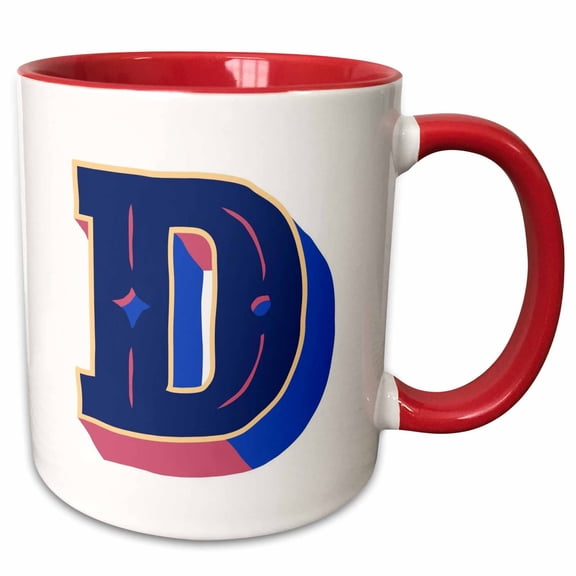 3drose, Personalized Initial Letter D 3d Blue, 11oz Two-tone Red Mug
