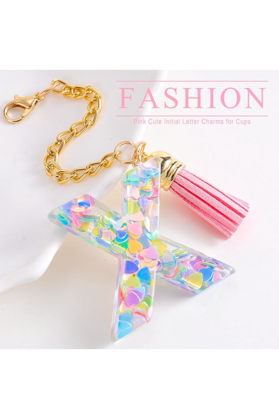 Personalized Initial Letter Keychain Handle with Heart Sequins and Tassel for Tumbler Cup Accessory