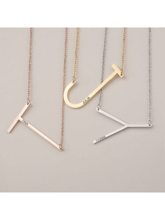 Personalized Initial Letter Necklace with Custom Engraving - Custom Initial Necklace - Oversized Letter Necklace - Sideways Initial Necklace for Women - Gift for Her - Jewelry Gift Set