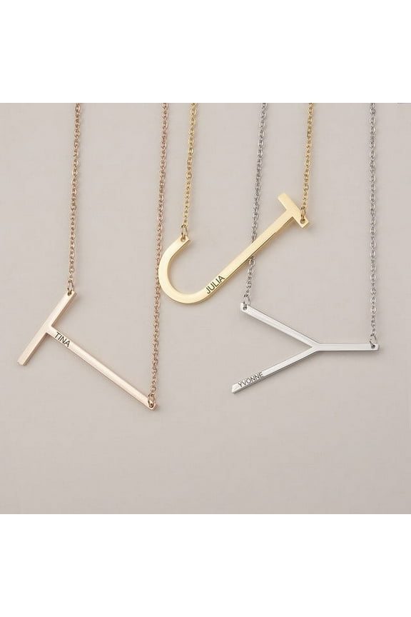 Personalized Initial Letter Necklace with Custom Engraving - Custom Initial Necklace - Oversized Letter Necklace - Sideways Initial Necklace for Women - Gift for Her - Jewelry Gift Set
