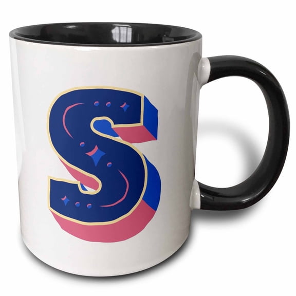 3drose, Personalized Initial Letter S 3d Blue, 11oz Two-tone Black Mug