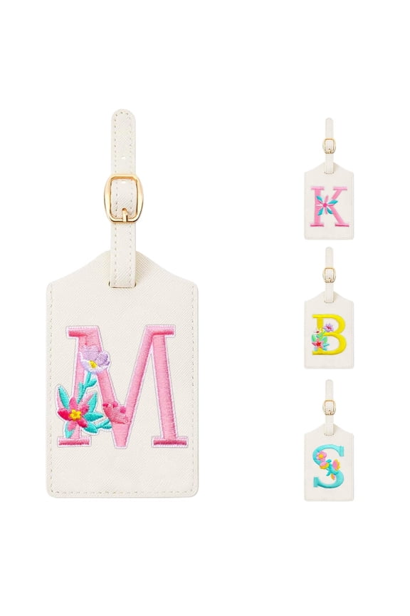 Personalized Initial Luggage Tag for Suitcase,Cute Embroidered Letter Leather Bag Tags Identifiers Privacy Cover ID Label for Women Men Kids Girls Cruise Airport Travel, 1 Pack White M