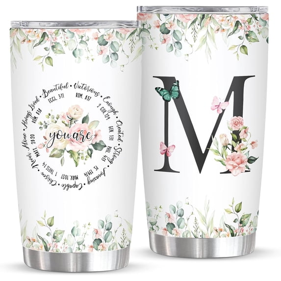 Personalized Initial M Tumbler 20oz, Monogrammed Gift for Women Birthday Mothers Day Religious Gift, Personalized Christian Gift for Women Initial Coffee Mug