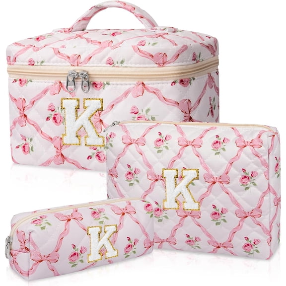 Personalized Initial Makeup Bag Set, Quilted Makeup Bag, Large Floral  Bag for Women, Cute Cotton Custom Make up Bags, Flower Travel Toiletry Bag Teen Girl  Trendy Stuff  K