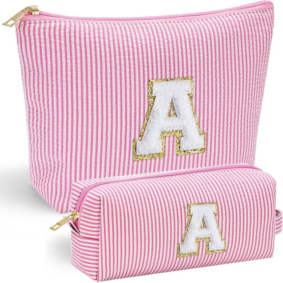 Personalized Initial Makeup Bag for Women | Pink Cosmetic Travel Toiletry Bag | 11 12 13 14 15 16 Years Old Girl Gifts | Preppy Stuff Teen Girl Gift Trendy Stuff A