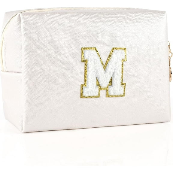 Personalized Initial Makeup Cosmetic Bag, Women Girls Gifts Preppy Stuff PU Leather Waterproof Makeup Pouch Make up Bags with Chenille Letter (Letter M)