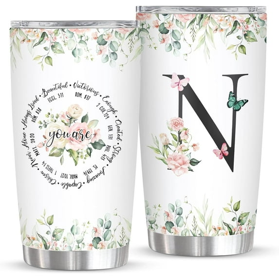 Personalized Initial N Tumbler 20oz, Monogrammed Gift for Women Birthday Mothers Day Religious Gift, Personalized Christian Gift for Women Initial Coffee Mug