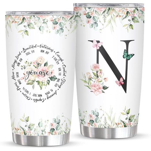 Personalized Initial N Tumbler 20oz, Monogrammed Gift for Women Birthday Mothers Day Religious Gift, Personalized Christian Gift for Women Initial Coffee Mug