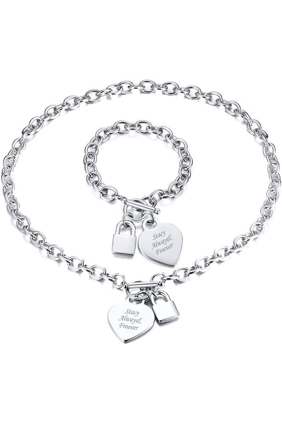 Personalized Initial Name Stainless Steel Trendy Cable Chain Bracelet Neckalce Set with Padlock Heart Charm and Toggle Clasp Closure Silver free-engraving {}