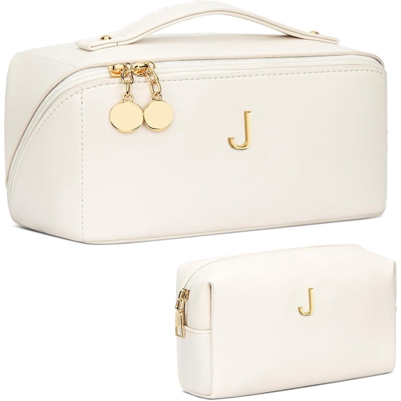 Personalized Initial Open-Flat Travel Makeup Bag Set with Clear Dividers and Handle  Large Beige, Style J