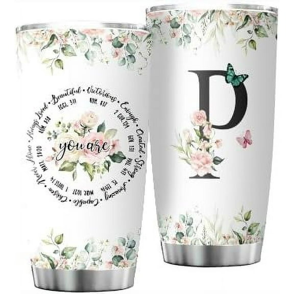 Personalized Initial P Tumbler 20oz, Monogrammed Gift for Women Birthday Mothers Day Religious Gift, Personalized Christian Gift for Women Initial Coffee Mug