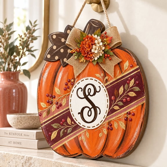 Personalized Initial Pumpkin Wooden Sign, Custom Floral Fall Door Hanger