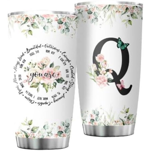 Personalized Initial Q Tumbler 20oz, Monogrammed Gift for Women Birthday Mothers Day Religious Gift, Personalized Christian Gift for Women Initial Coffee Mug