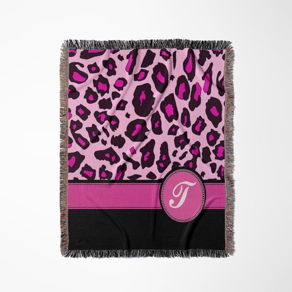 Personalized Initial T Monogrammed Hot Pink And Black Leopard Pattern Animal Print - Personal Letter, Woven Blanket