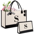 thumbnail image 1 of Personalized Initial Tote Bag, Large Capacity Canvas Beach Bag with Makeup Bag for Women, Valentine's Day Gifts & Birthday Gift Initial Tote Bag with Comfortable Handle for Wife Mom Teacher Friend, 1 of 7