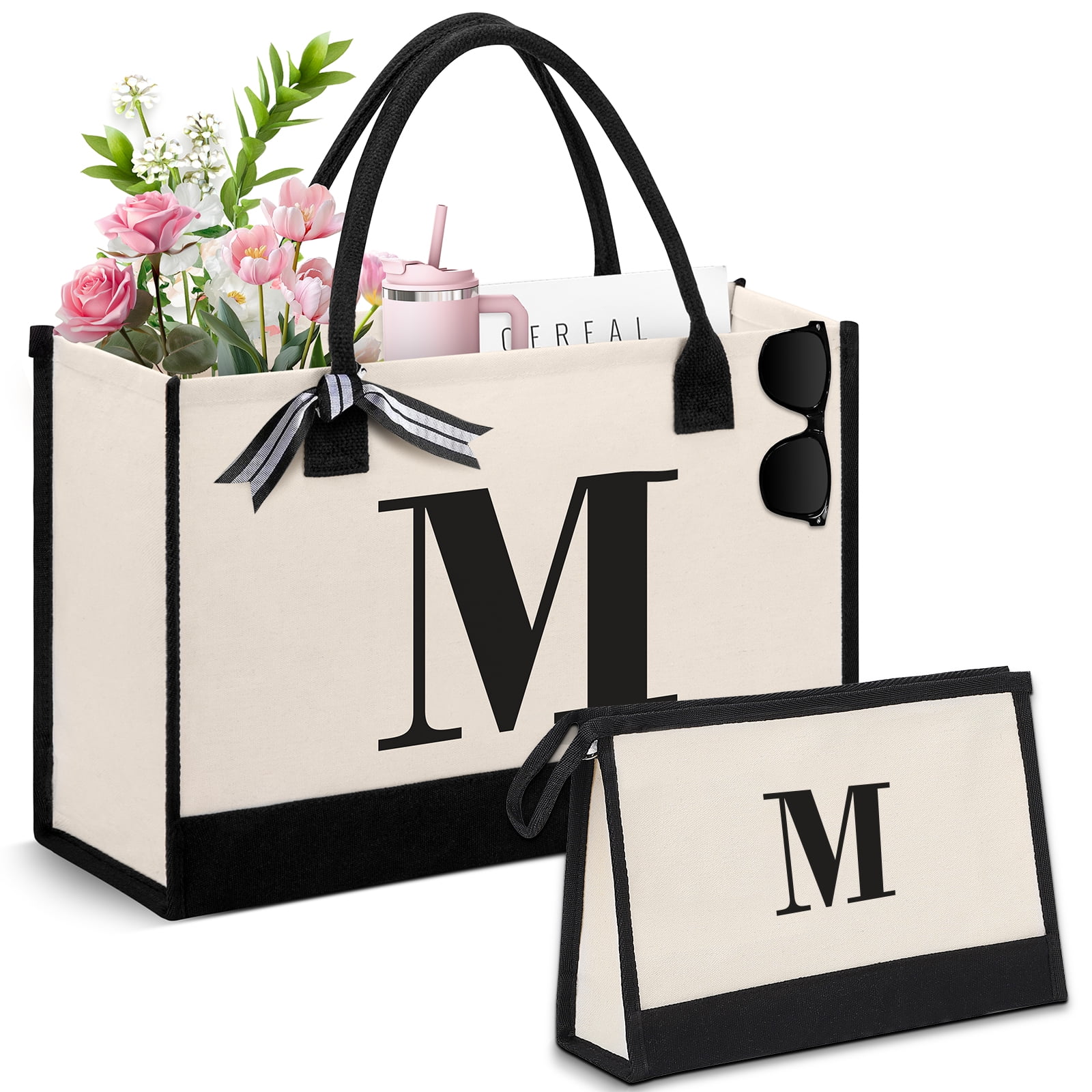 Personalized Initial Tote Bag, Large Capacity Canvas Beach Bag w