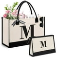 thumbnail image 1 of Personalized Initial Tote Bag, Large Capacity Canvas Beach Bag with Makeup Bag for Women, Valentine's Day Gifts & Birthday Gift Initial Tote Bag with Comfortable Handle for Wife Mom Teacher Friend, 1 of 7
