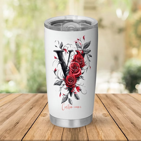 Personalized Initial 'V' Floral 20oz Tumbler with Lid, Insulated Stainless Steel Coffee Mug, Custom Flower Drinkware, Birthday Present for Women, Mom, Sister