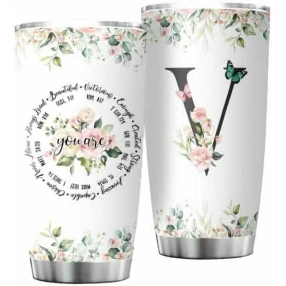 Personalized Initial V Tumbler: 20oz Monogrammed Coffee Mug – Unique Gift for Women on Birthday Mother's Day – Religious Christian Gift Personalized for Her