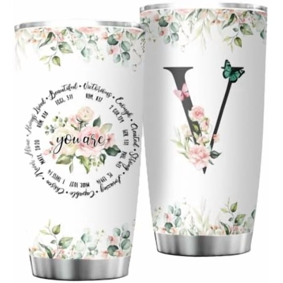 Personalized Initial V Tumbler 20oz, Monogrammed Gift for Women Birthday Mothers Day Religious Gift, Personalized Christian Gift for Women Initial Coffee Mug