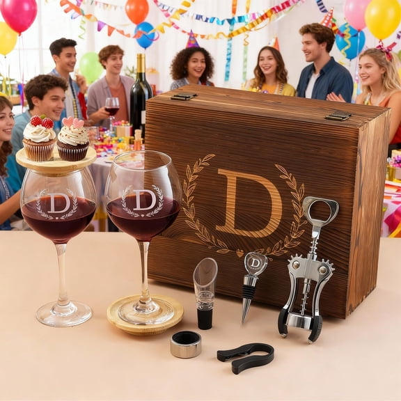 Personalized Initial Wine Glasses Box Gift Set for Women Mom Engraved Birthday Monogrammed Wooden Wedding Anniversary Wine Couples Stopper Opener Initial Letterr (P Set)