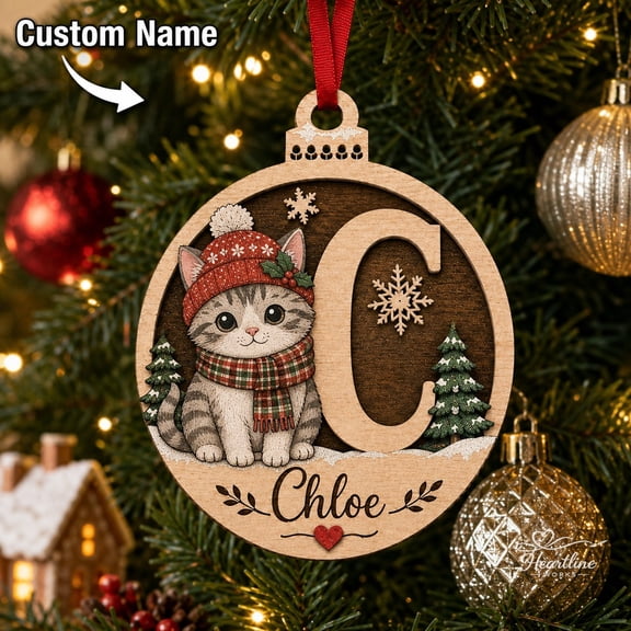 Personalized Initial Wooden Ornament Cat Monogram Tree Hanging Keepsake for Pet Lovers