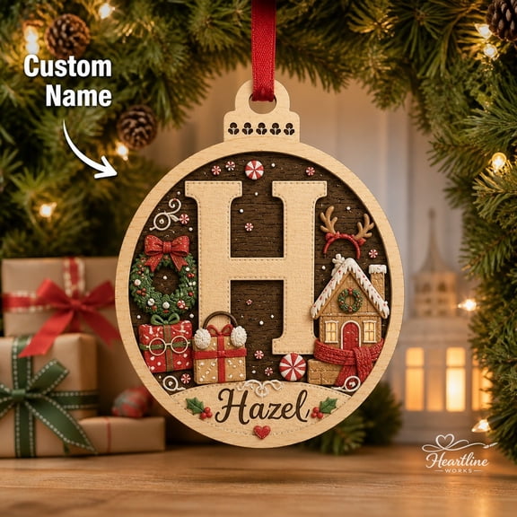 Personalized Initial Wooden Ornament Cozy Christmas House Wreath Tree Hanging Holiday Keepsake Gift