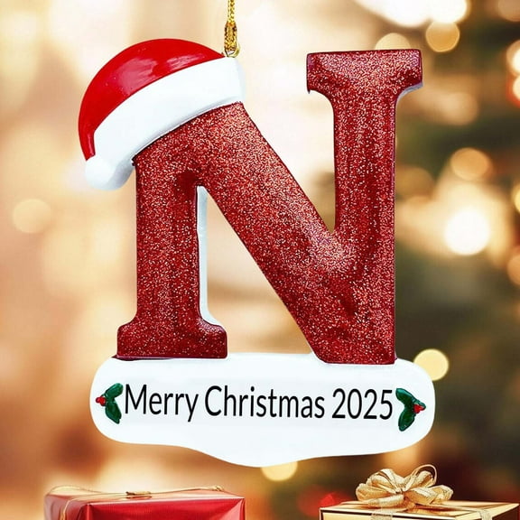 Personalized Initial Xmas Tree Ornament A-Z,2025 Christmas Letter Ornament,Red Glitter Santa Hat,4.1in Hanging Decoration for Christmas Tree