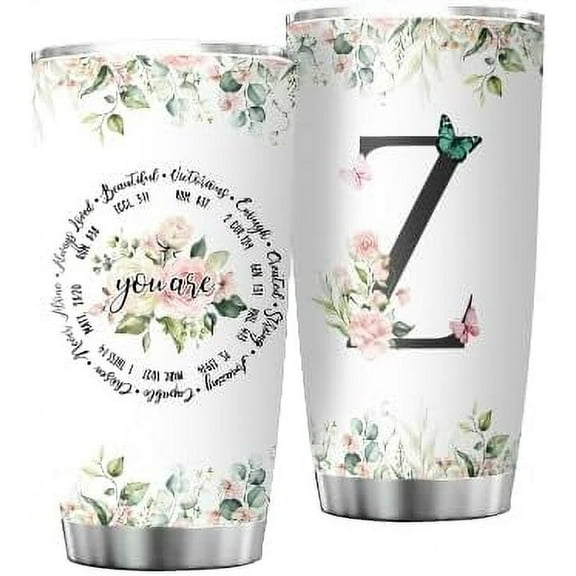 Personalized Initial Z Tumbler 20oz: Monogrammed Christian Gift for Women – Birthday Mother's Day Religious Inspiration – Custom Coffee Mug with Elegant Design