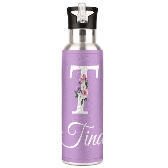 Personalized Insulated Water Bottle with Name, Custom Monograms Stainless Steel Tumbler with Lid & Straw, 20 oz Vacuum Cup Gift for Women (Letter T)