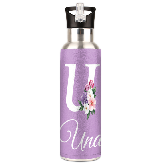 Personalized Insulated Water Bottle with Name, Custom Monograms Stainless Steel Tumbler with Lid & Straw, 20 oz Vacuum Cup Gift for Women (Letter U)