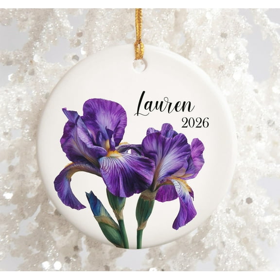 Personalized Iris Porcelain Ornament – Purple Floral Christmas Keepsake