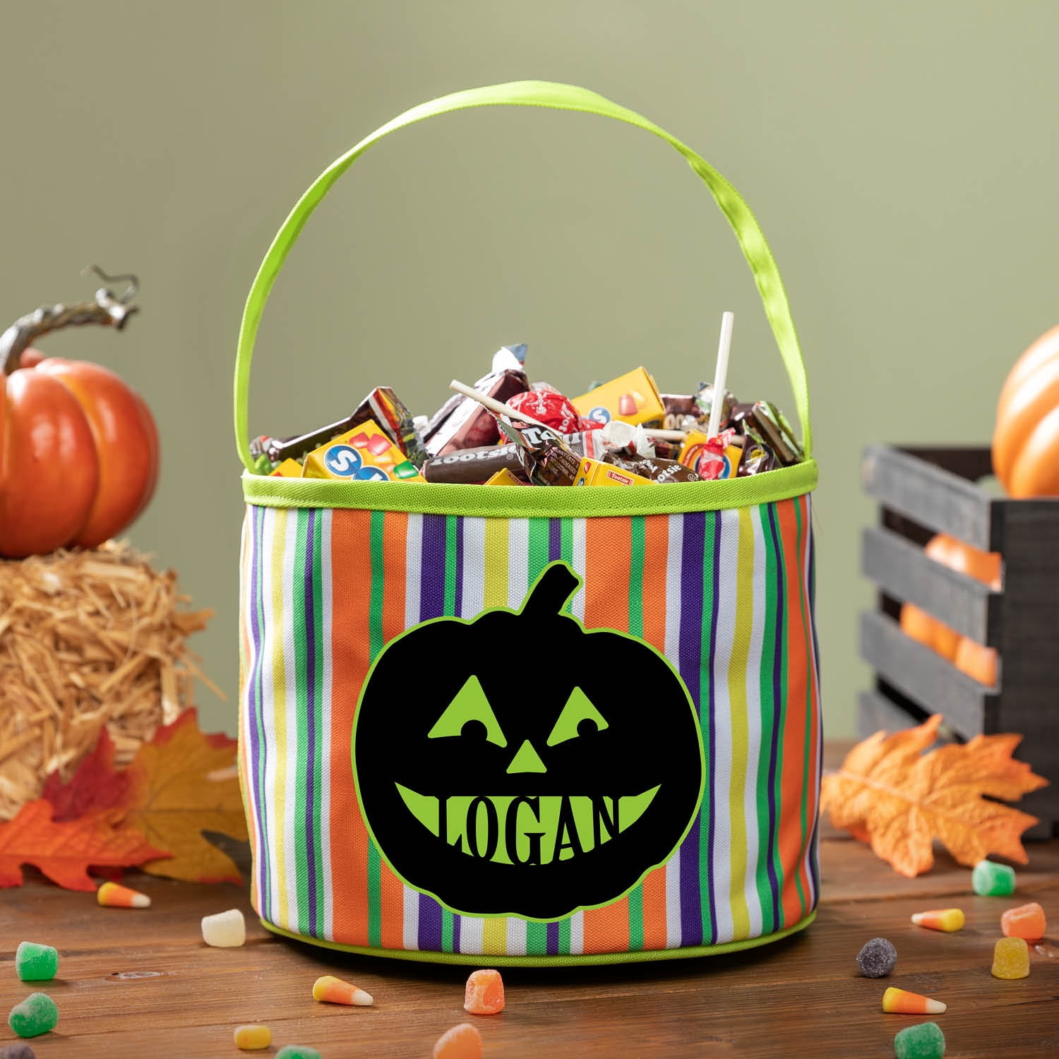 Personalized Jack O Lantern Green Striped Bucket Bag