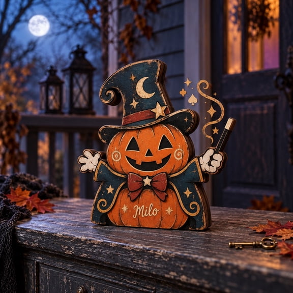 Personalized Jack O Lantern Magician Wooden Block 3 Layer Halloween Decor
