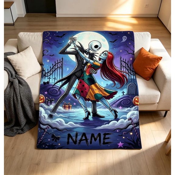 Personalized Jack Skellington Sally Halloween Custom Name Flannel Blanket