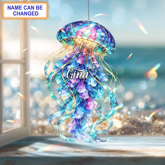 Personalized Jellyfish Acrylic Suncatcher, Custom Name Holographic Window Hanging Decor, Ocean Lover Gift