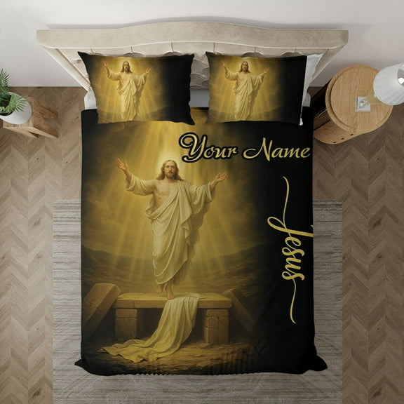 Personalized Jesus Ascension Golden Light Bedding Set – Custom Name Christian Religious Bedding