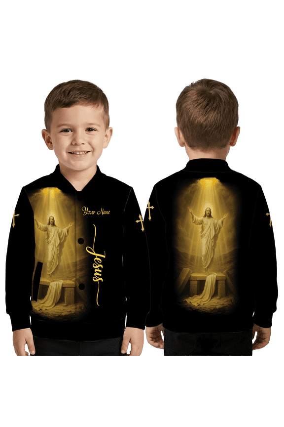Personalized Jesus Ascension Golden Light Coat, Christian Resurrection Faith Baseball Jacket, Custom Religious Jesus Art Outerwear Jacket