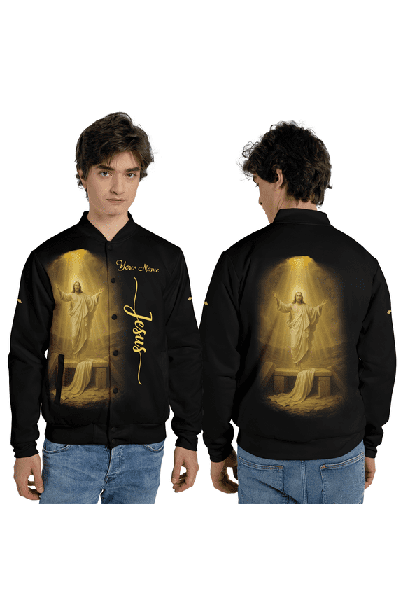 Personalized Jesus Ascension Golden Light Coat, Christian Resurrection Faith Baseball Jacket, Custom Religious Jesus Art Outerwear Jacket