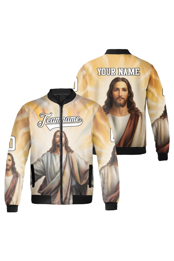 Personalized Jesus Christ Bomber Jacket – Glorious Religious Zip Up Coat with Radiant Light – Custom Name Faith-Based Outerwear for Men & Women – Christian Apparel Xmas Gift