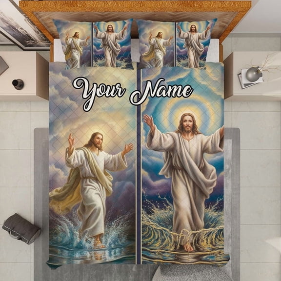 Personalized Jesus Christ Walking on Water Quilt Bedding Set - Custom Savior Christian, Religious Quilt Blanket & Pillowcases for Home Décor