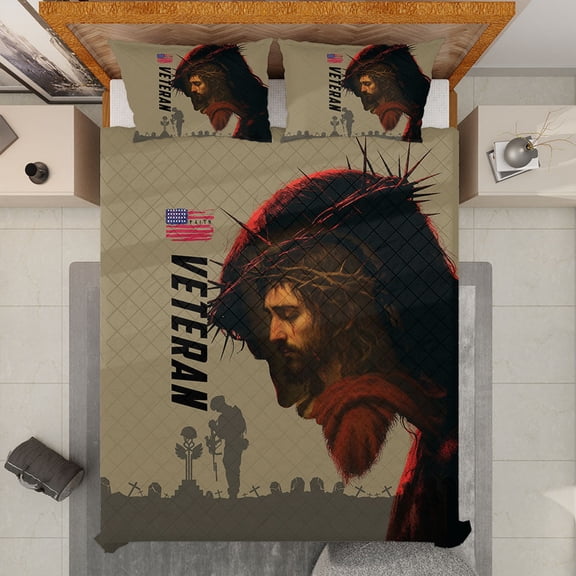 Personalized Jesus Face Suffering on Cross Quilt Bed Set, Jesus Veteran Quilt Blanket & Pillowcases, Faith & Patriot Quilt Set, Birthday – Veteran – Independence Day Gift for Patriotic Lovers