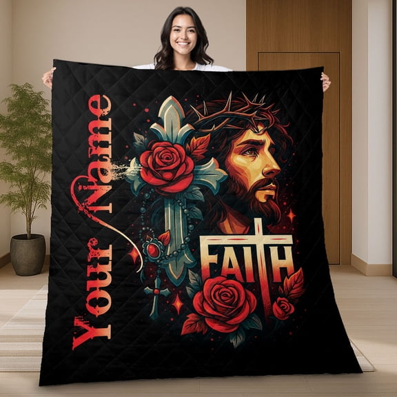 Personalized Jesus Faith Quilt Blanket with Cross and Roses – Custom Name Christian Religious Blanket, Inspirational Gift for Believers Quilt