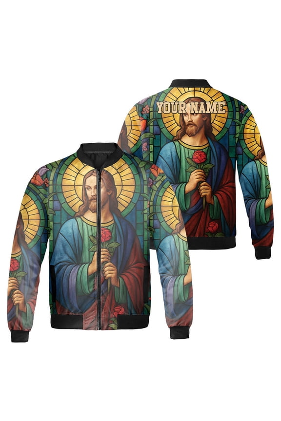 Personalized Jesus Holding Rose Stained Glass Bomber Jacket - Custom Religious Jacket for Men and Women, Inspirational Christian Gift, Stylish Faith-Based Winter Outerwear