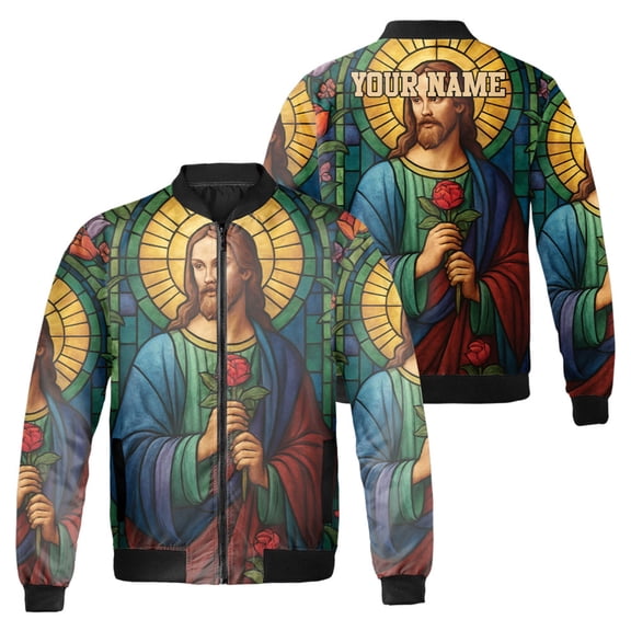 Personalized Jesus Holding Rose Stained Glass Bomber Jacket - Custom Religious Jacket for Men and Women, Inspirational Christian Gift, Stylish Faith-Based Winter Outerwear