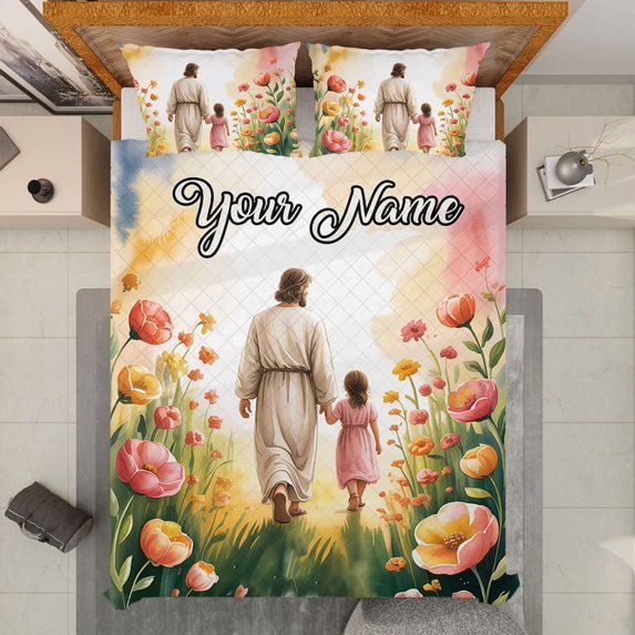 Personalized Jesus and Little Girl Walking The Path Quilt Bedding Set – Custom Name Christian Quilt Blanket & Pillowcases, Faith Bedroom Decor, Inspirational Religious Gift for Believers