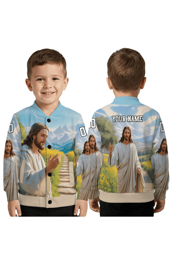Personalized Jesus Walking In Nature Baseball Jacket – Christian Faith Art Baseball Jacket, Inspirational Religious Outerwear Gift
