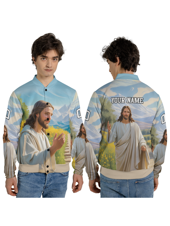 Personalized Jesus Walking In Nature Jacket – Christian Faith Art Baseball Jacket, Inspirational Religious Outerwear Gift